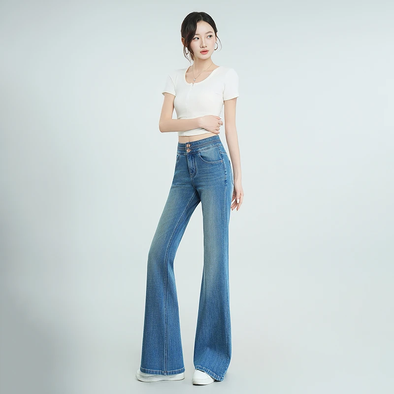 悉妍 原创气质高级夏季微喇裤薄款亲肤透气2扣高腰牛仔873