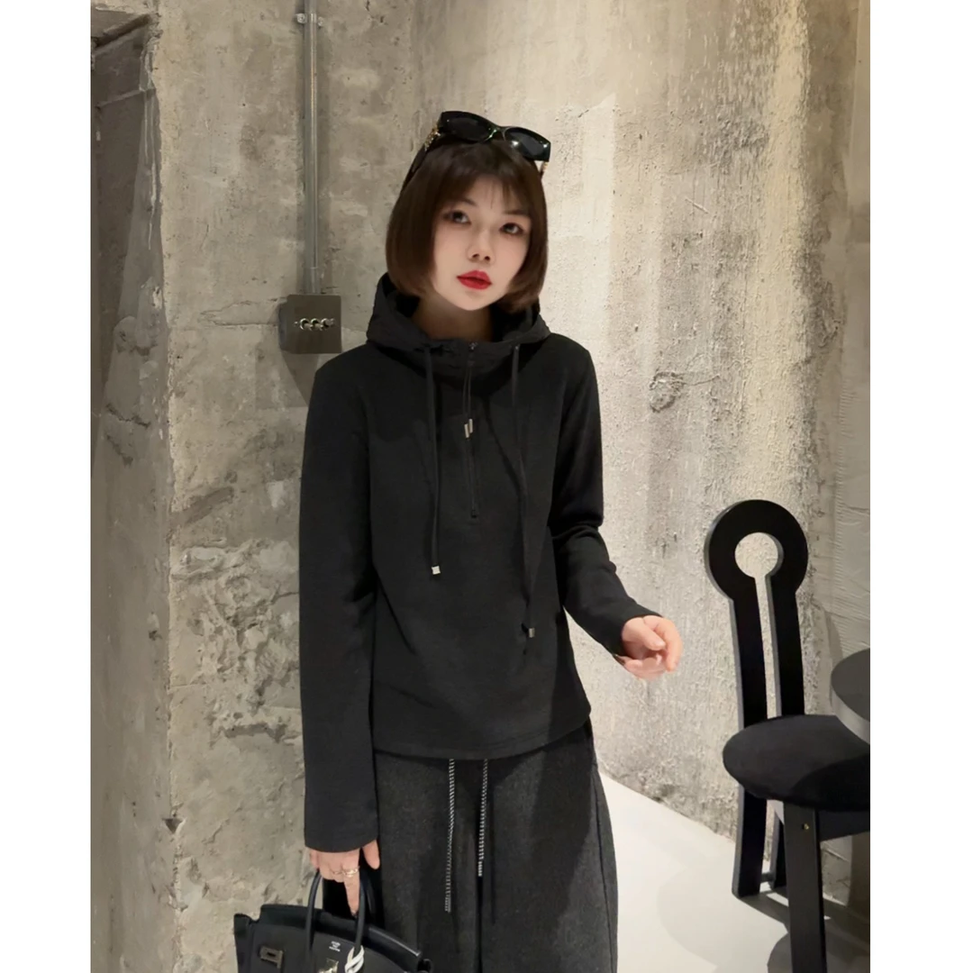 MY【灰调漫游】冬季新款韩版双面绒半拉链上衣连帽拼接磨毛加厚卫衣
