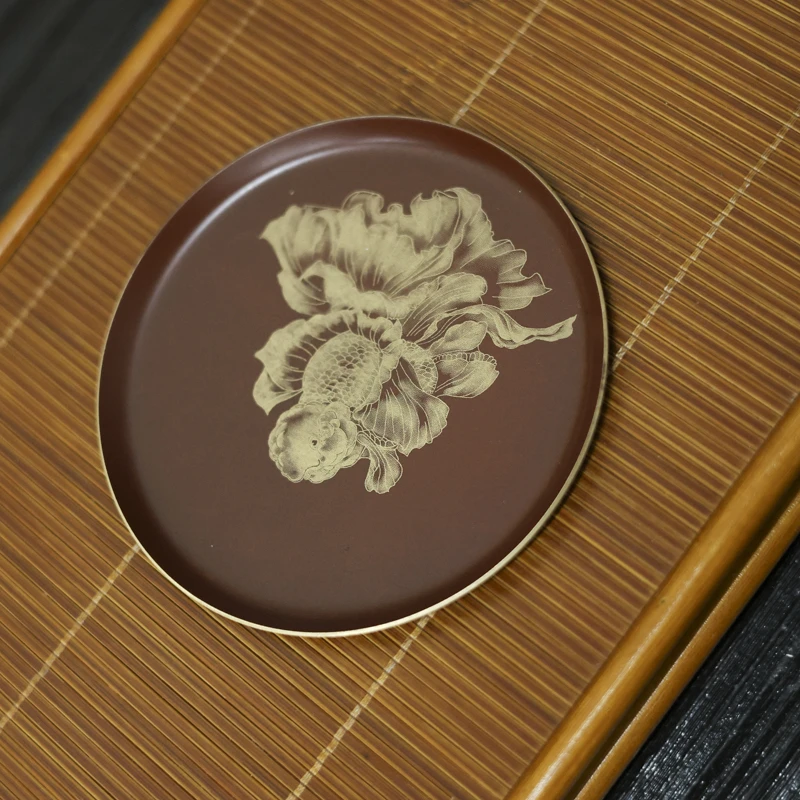 【喜器】复古红圆形杯垫-金鱼图（Q6582）