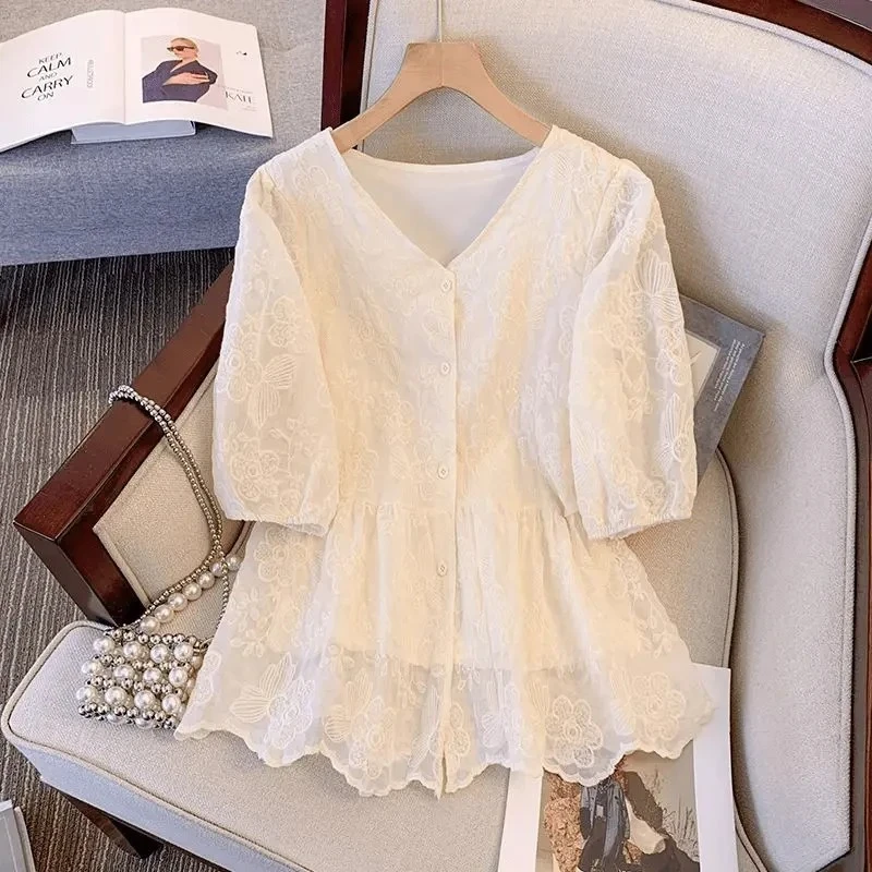 芷蕾大码上衣夏季新款胖妹妹减龄设计感衬衫遮肚显瘦别致洋气小衫