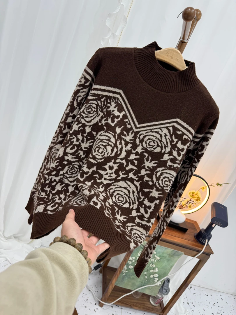 【咖色蔷薇花】超柔北极绒时尚百搭针织衫
