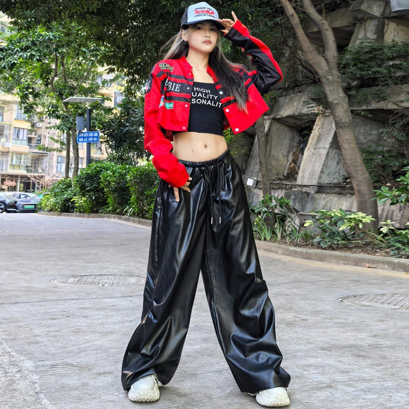 美式炸街工装裤女黑色pu皮裤薄款新款宽松休闲阔腿爵士跳舞长裤子