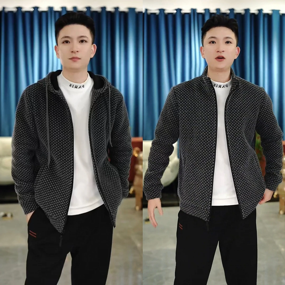 冬季加绒加厚雪尼尔千鸟格连帽外套男高级感轻奢简约百搭休闲夹克