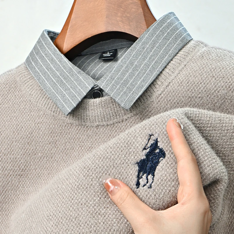 【一体绒假两件】加绒加厚衬衫领毛衣男冬季保暖套头宽松针织打底衫