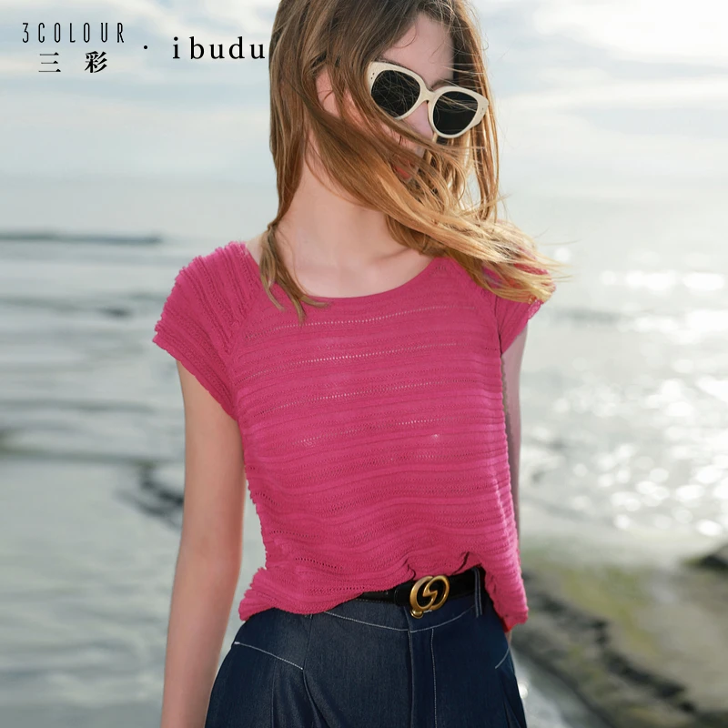 三彩ibudu2025夏季新款圆领短款针织衫短袖套头衫上衣简约女