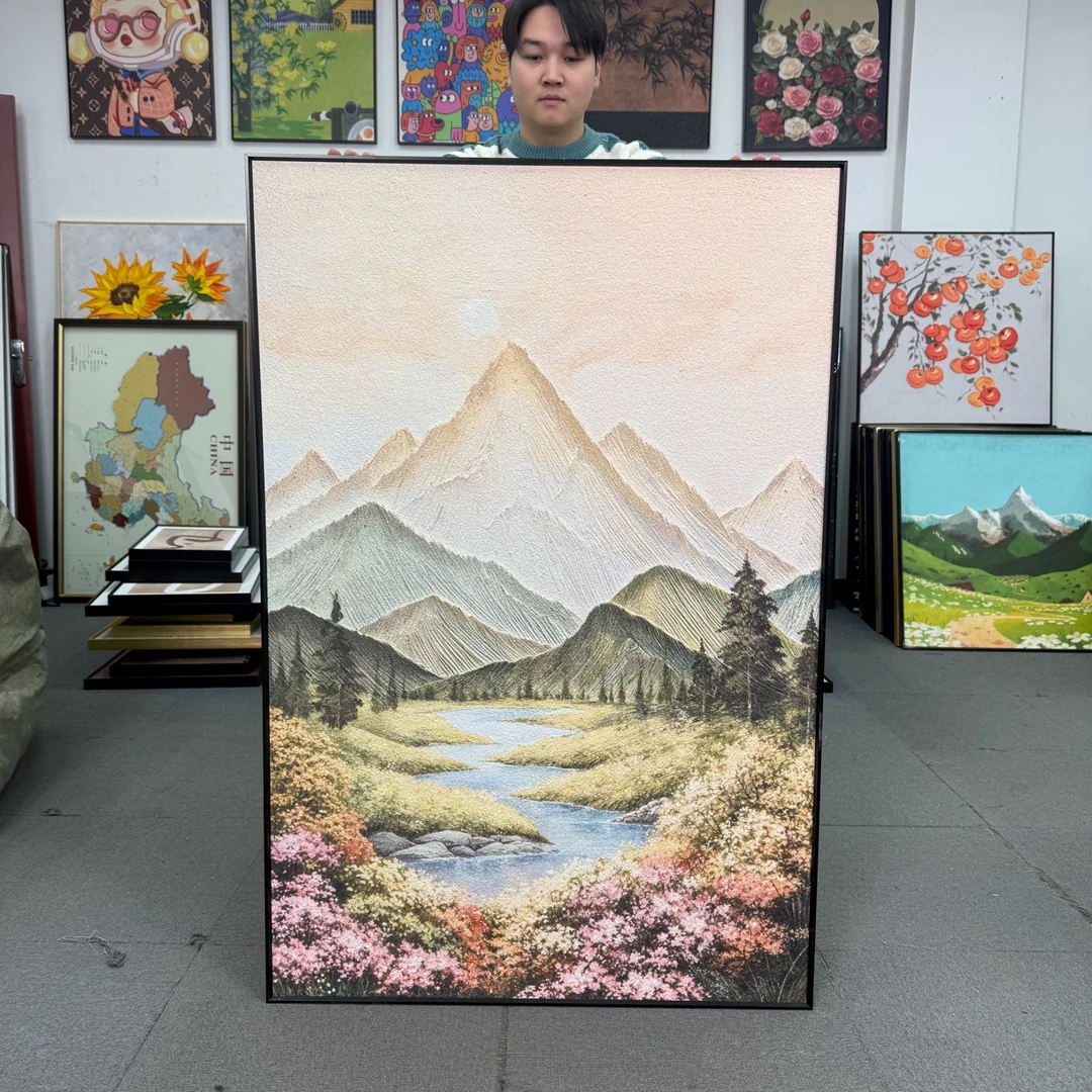 现代奶油日照金山客厅玄关大幅落地装饰画艺术高级壁画80120