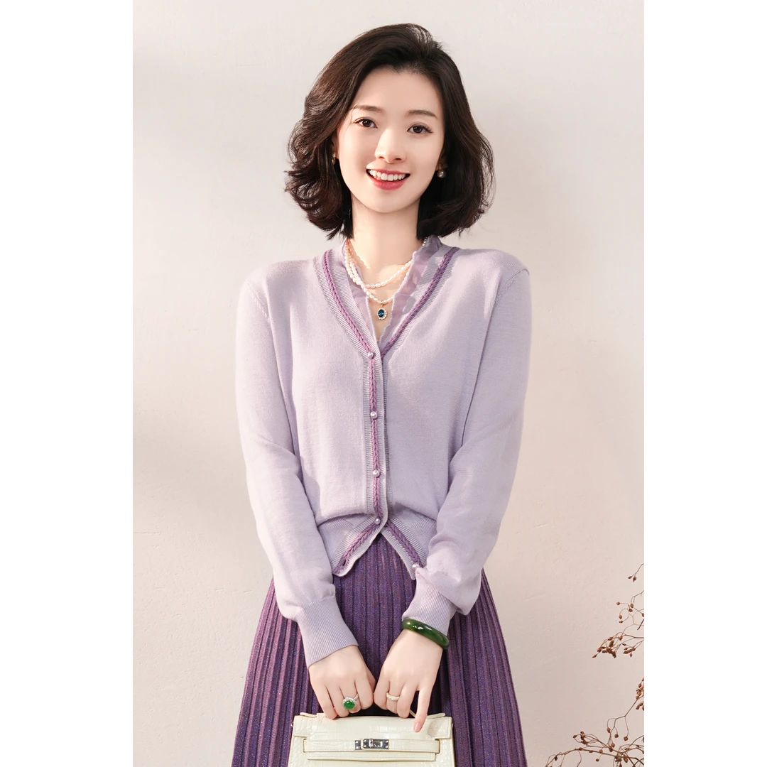 西子/【莫奈来信】羊毛混纺V领文艺感减龄休闲开衫针织衫/MSHC069