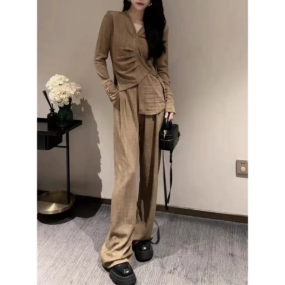191【两件套】韩版轻熟风不规则设计感上衣+阔腿裤时尚套装（D23）