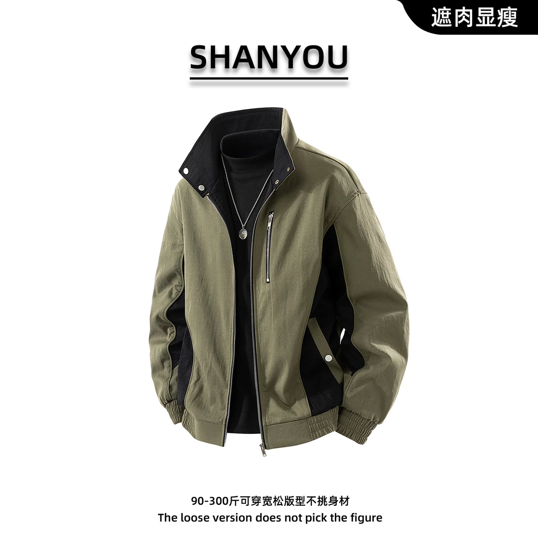 学生帅气拼接夹克男大码时尚拼色百搭无帽工装外套宽松运动男装