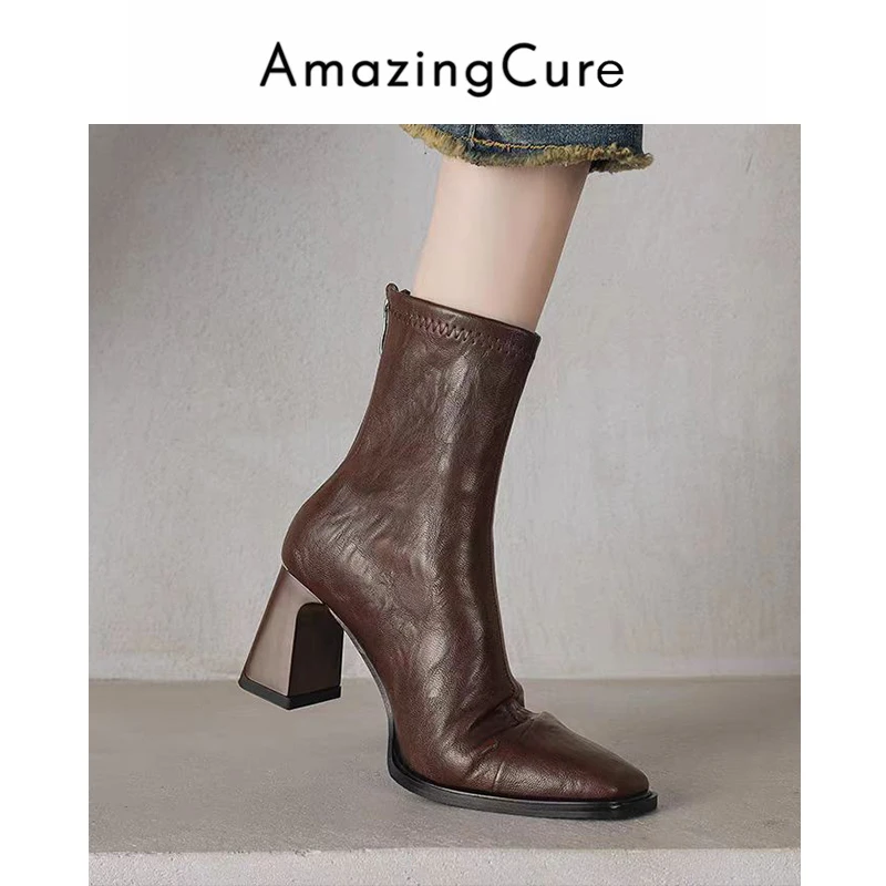 5cm【里外全牛皮】2025款牛皮复古做旧短靴软底低跟后拉链靴子