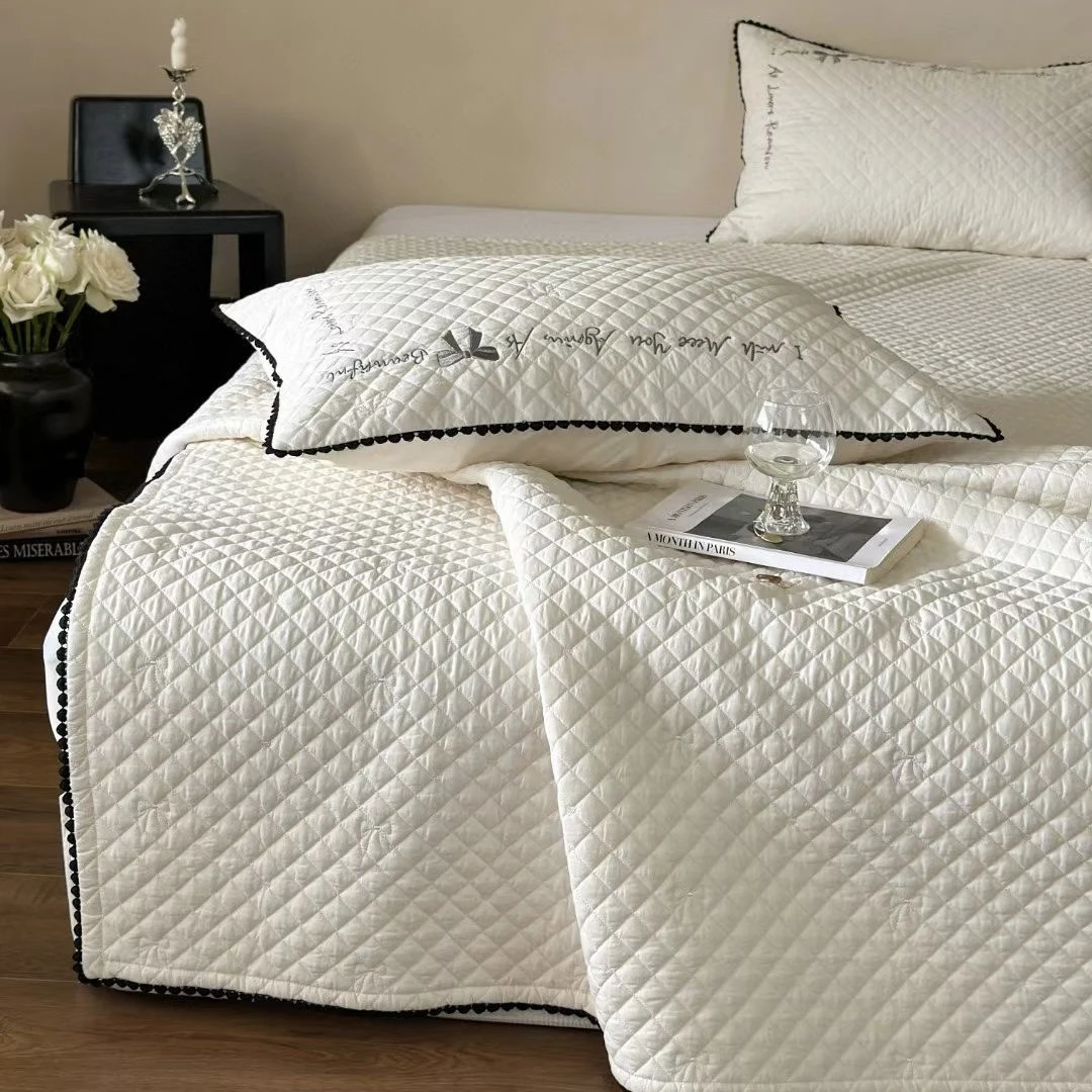 法式小香风双面纯棉绗缝床盖米色轻奢高级感全棉床单夹棉可铺可盖