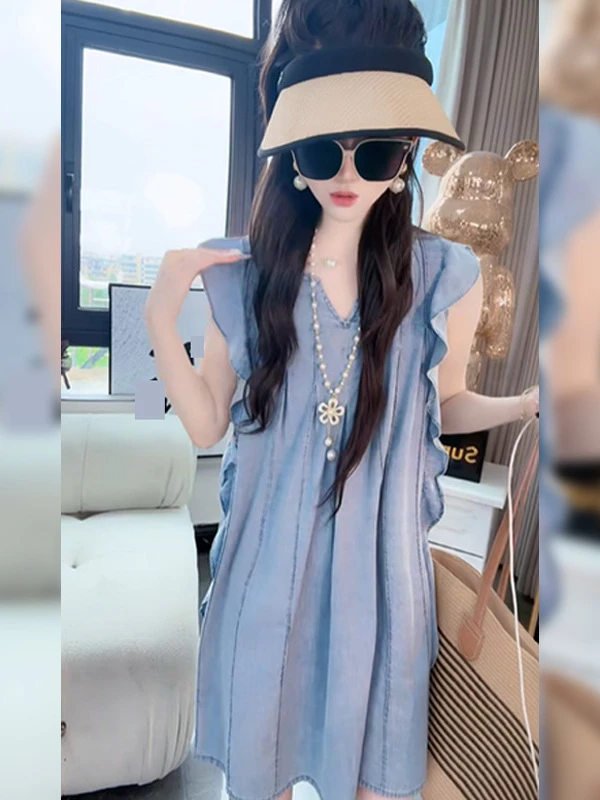 2025夏季新款小个子气质飞飞袖连衣裙女装时尚百搭休闲轻熟风短裙