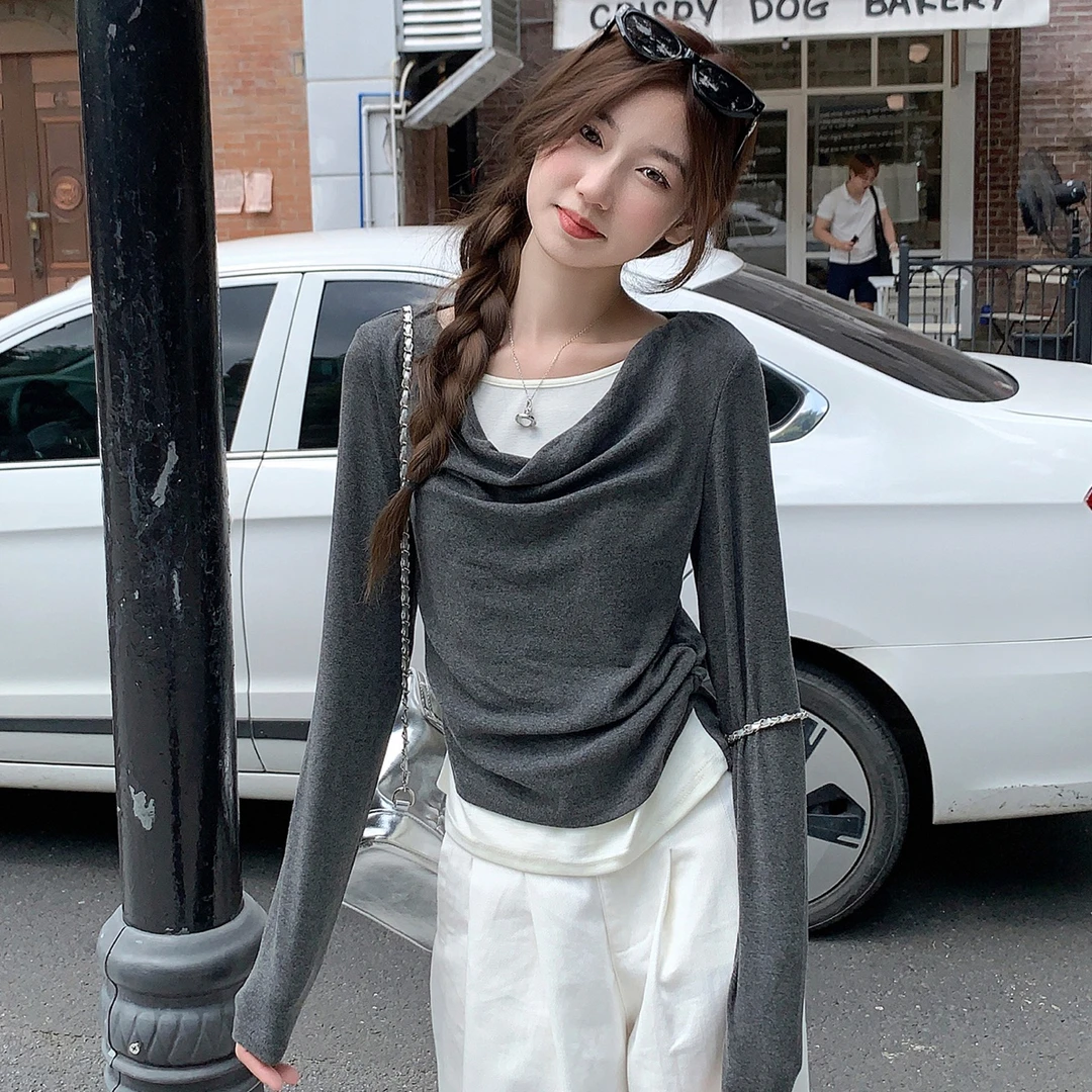 拼接撞色假两件长袖t恤女2025秋冬新款褶皱收腰显瘦打底上衣女