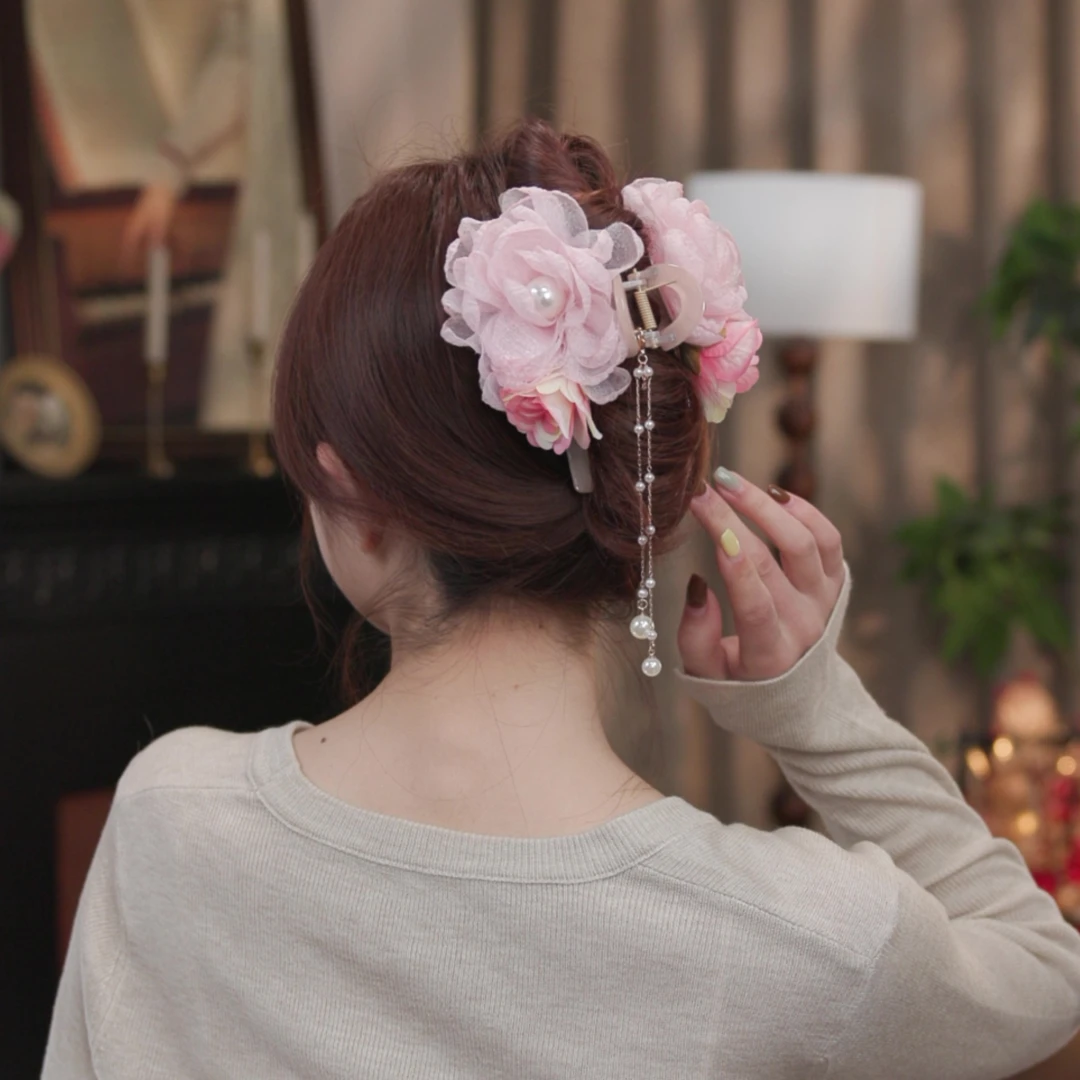 木子秋手工烧边蔷薇花抓夹气质复古古风优雅超仙后脑勺盘发鲨鱼夹