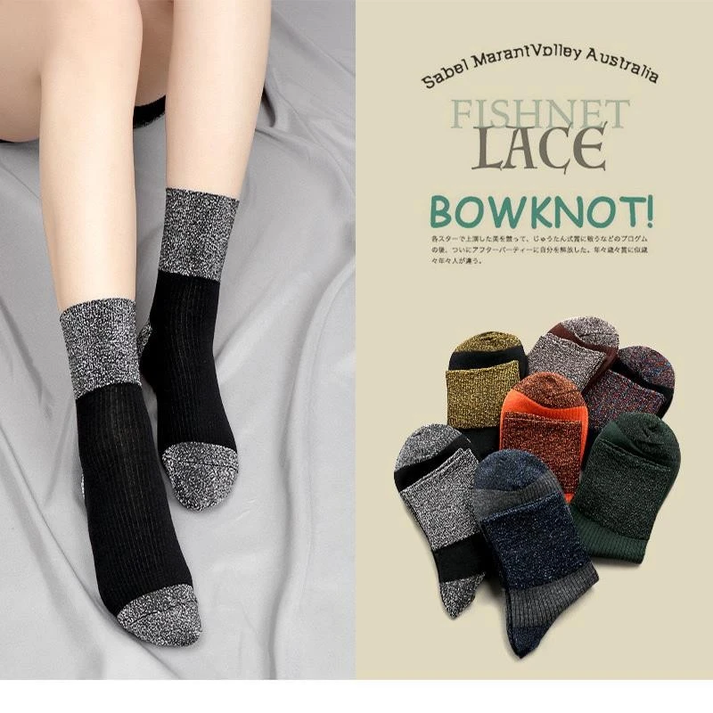 秋冬新款袜亮棉底子女拼色脚跟袜口金银丝时尚百搭潮袜春秋