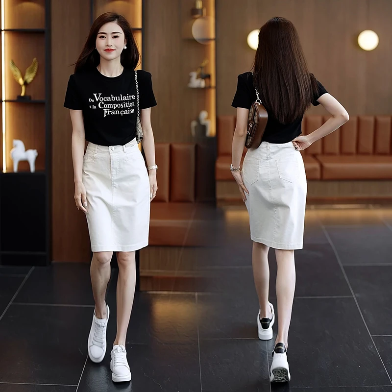 拉夏贝尔夏季牛仔半身裙女高腰a字白色2025新款气质包臀一步裙子