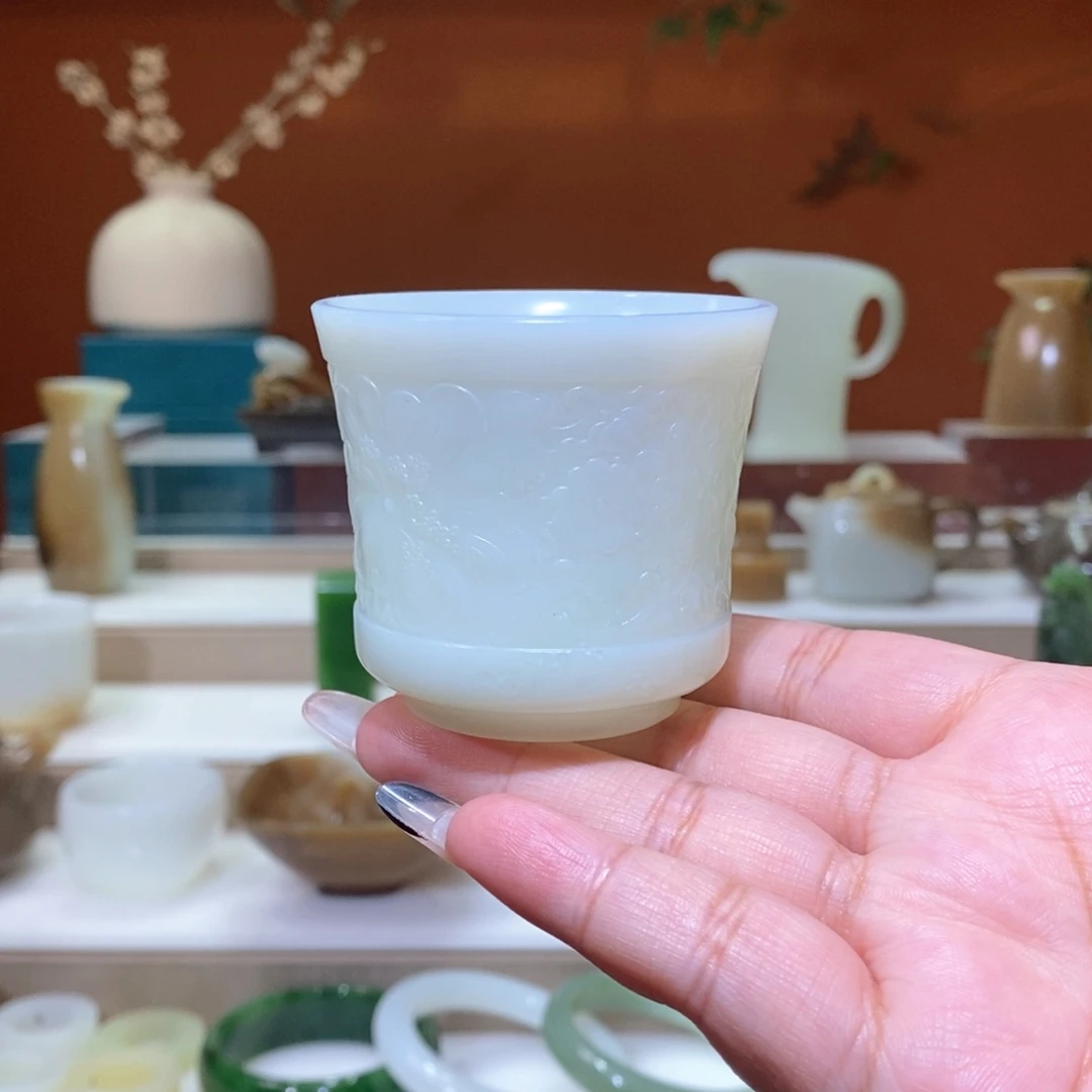 未镶嵌和田玉挂件清**远白玉百花杯