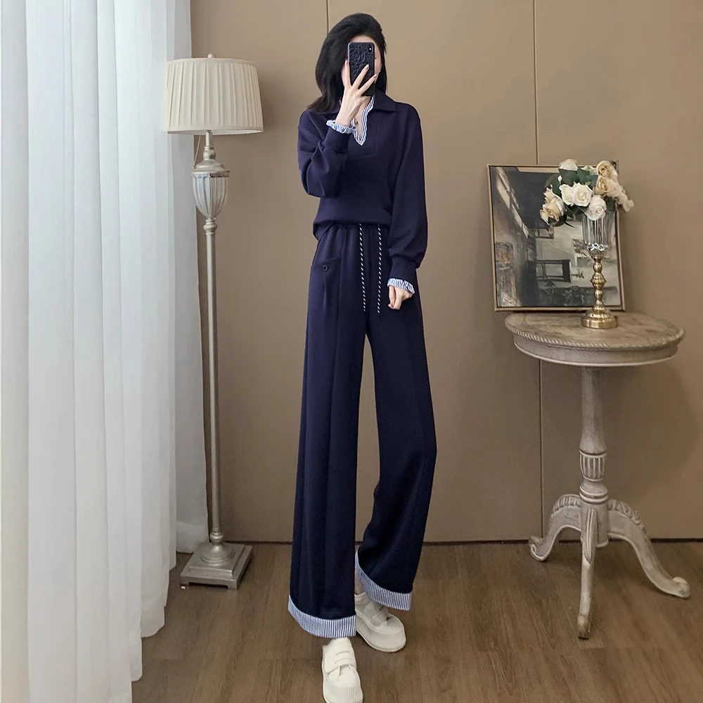 韩版休闲运动套装女春季2025新款减龄显瘦假两件卫衣阔腿裤两件套