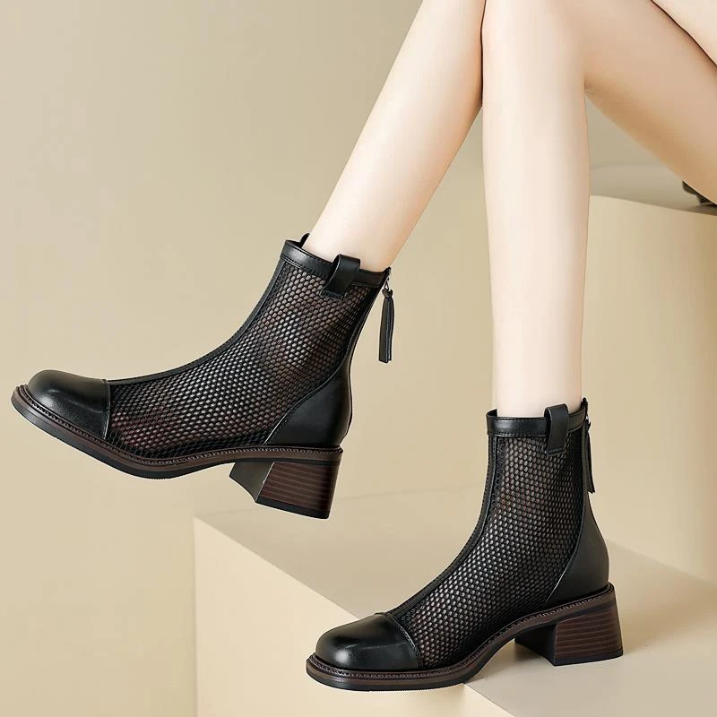 【CBMT旗舰店】夏季短靴子中跟粗跟透气网纱短筒靴女镂空网靴百搭