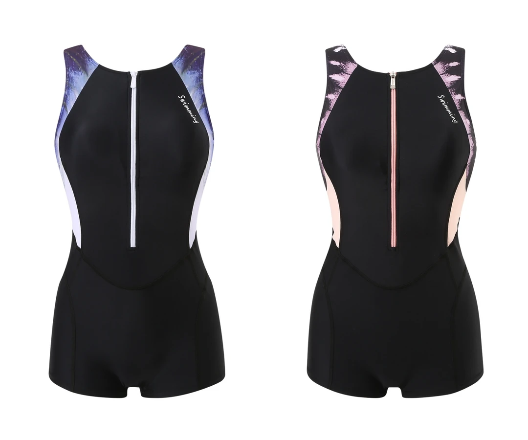 运动风蝶羽女款连体平角泳衣前拉链收腰平腹固定胸垫竞速游泳运动