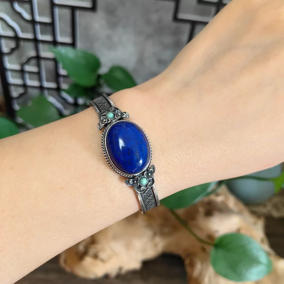 LYliuyng手工银青金石手镯简单细镯子复古百搭简约时尚窄圈口银镯