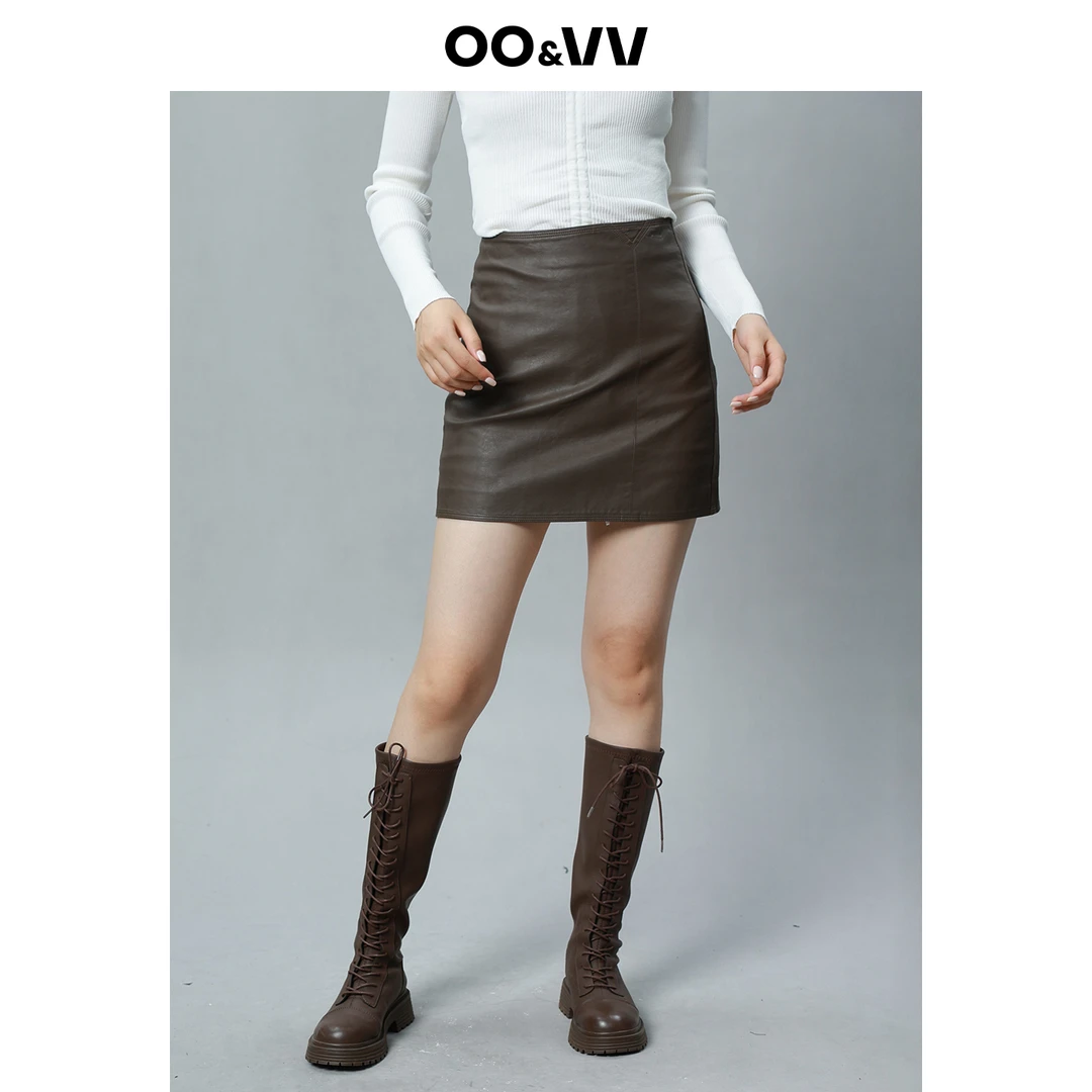 OO&VV2025秋季新款高腰显瘦A字皮短裙时尚百搭PU皮半身包臀裙女
