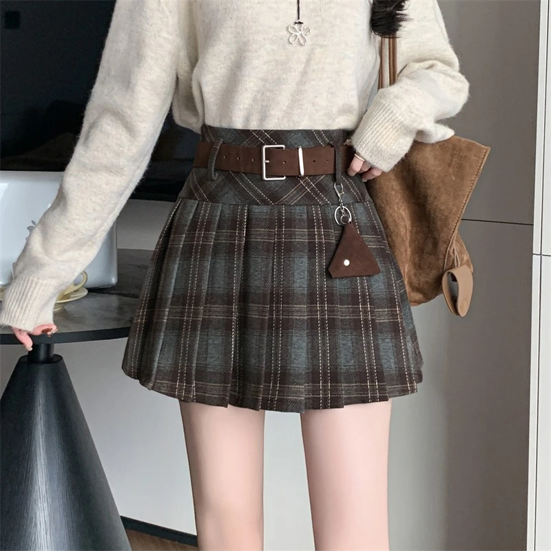 美式复古毛呢格纹半身裙女秋2025新款甜辣JK穿搭高腰a字百褶短裙