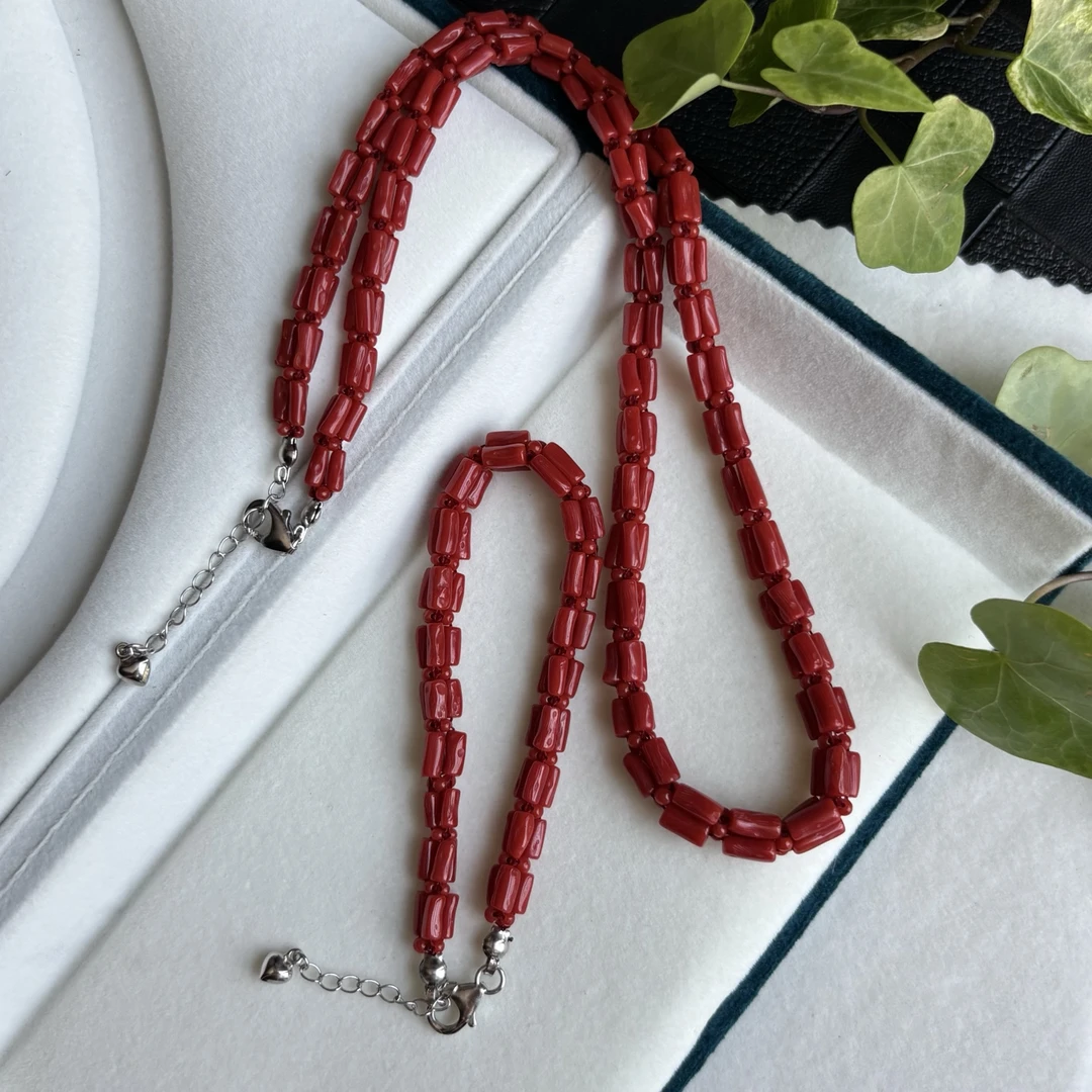 纯天然红珊瑚有机宝石科西卡黑赤血三角链三股套装品质高