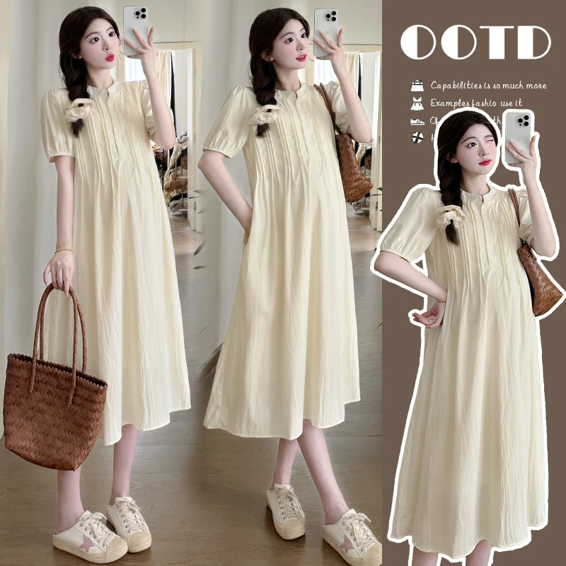 韩版时尚2025宽松设计感压褶气质法式简约度假白月光减龄孕妇装