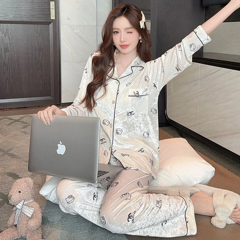 秋冬季2025新款小香KT猫金丝绒睡衣女长袖气质高级感家居服套装