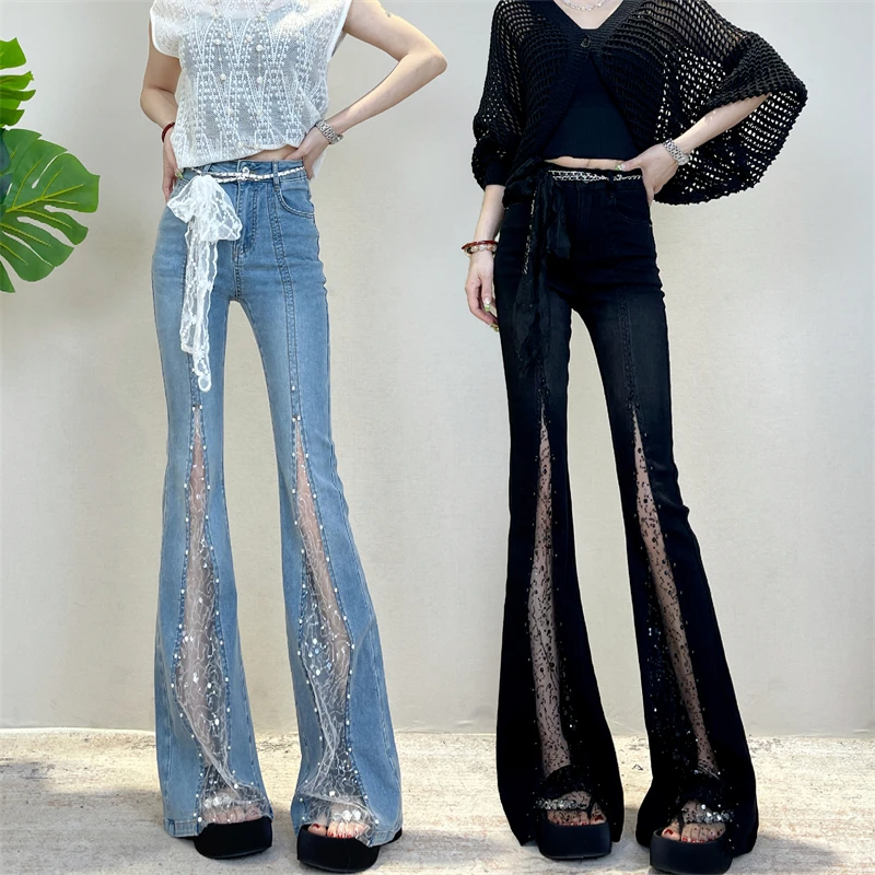 迪否蕾丝拼接微喇牛仔裤女夏薄款新款烫钻修身显瘦高腰喇叭裤6115