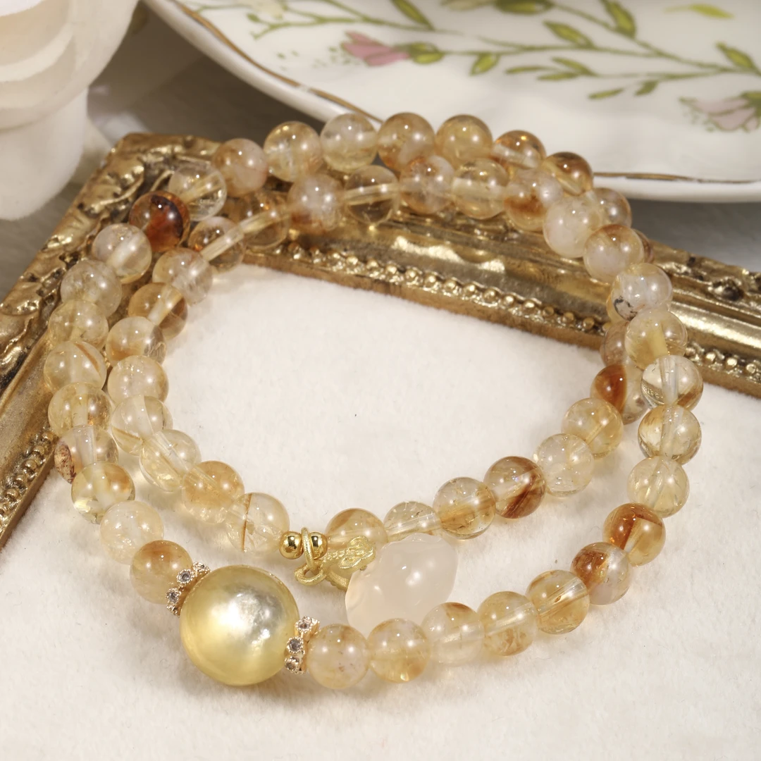 CB3573 黄锂云母 黄塔晶 白玛瑙 水晶手串