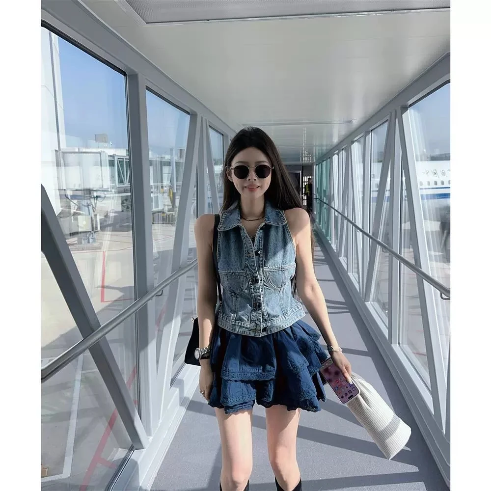 复古蓝色牛仔马甲背心女夏外穿小个子短款叠穿无袖上衣设计感小众