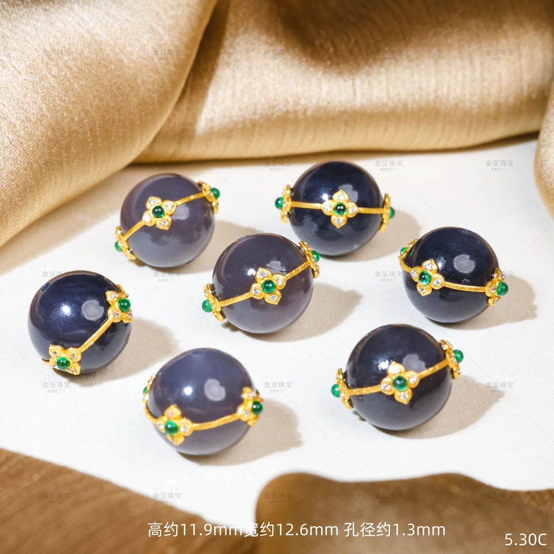 【金豆VIP】18K金天然豪镶和田玉烟紫帝王紫圆珠绿色金腰带烟紫隔珠