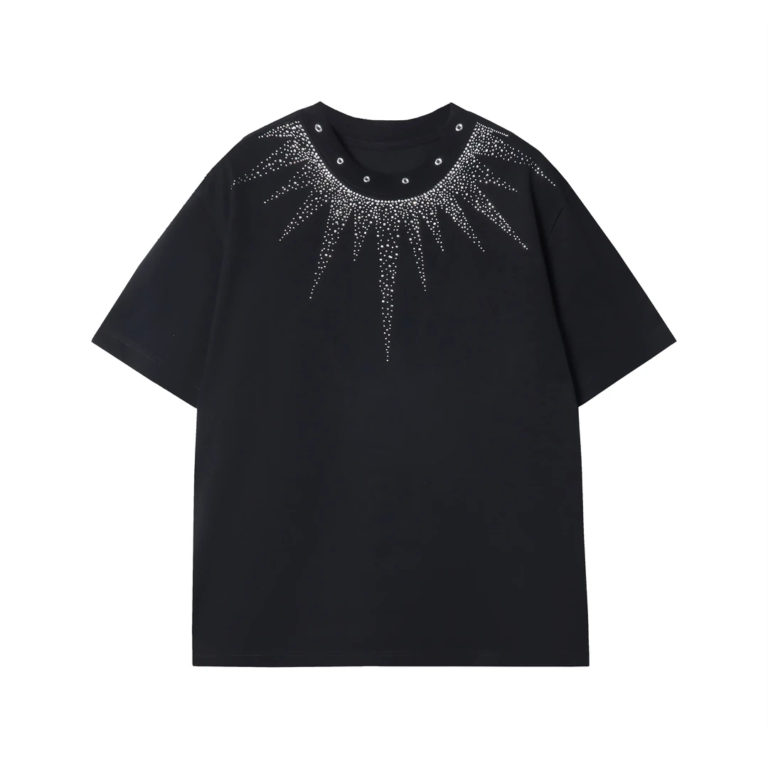 T591夏季新款黑色短袖烫钻T恤时尚百搭圆领水洗宽松休闲上衣潮