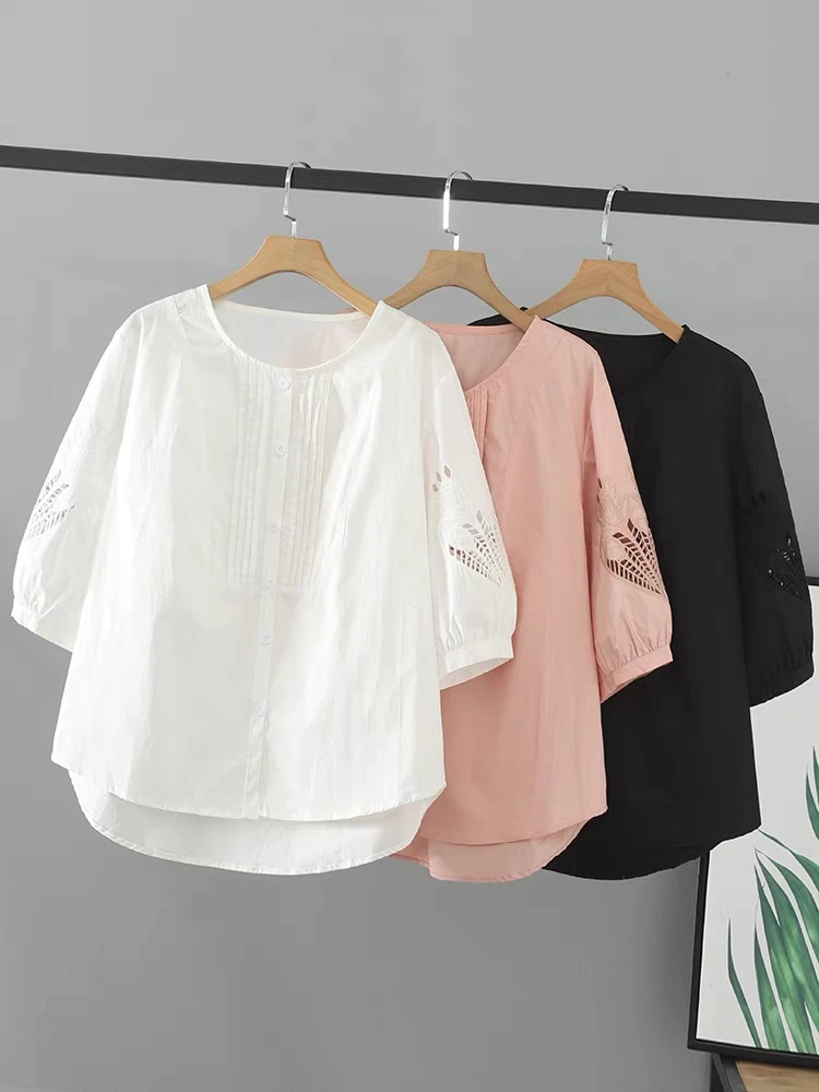 镂空刺绣短袖白色衬衫女2025夏季新款宽松气质显瘦五分袖休闲上衣