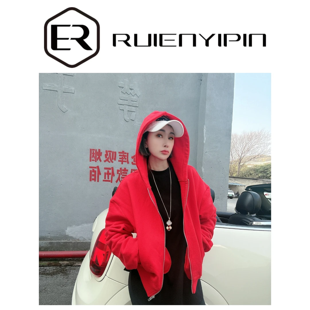 6754#纯色开衫加绒卫衣