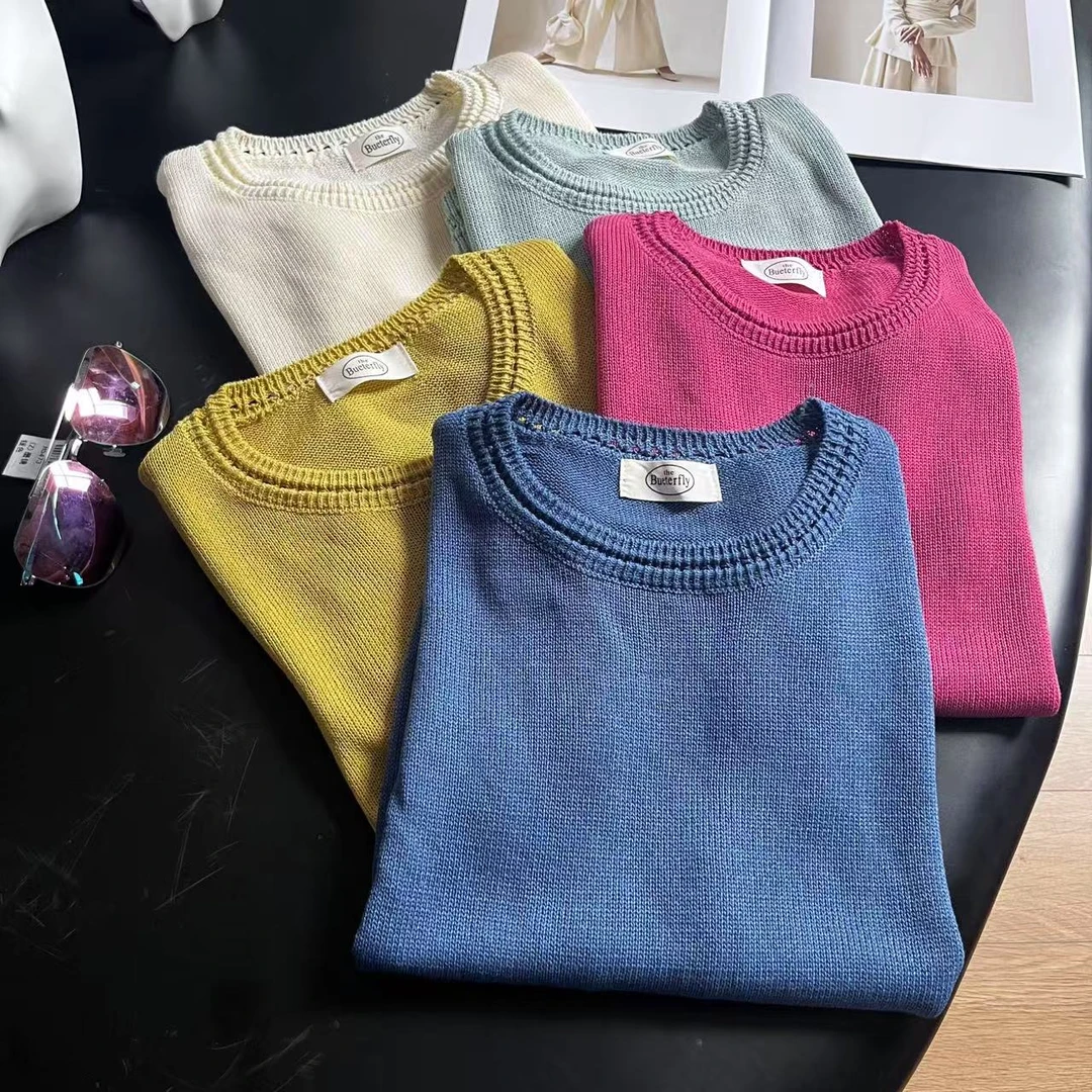 夏季纯色舒适简约亲肤圆领针织短袖上衣H5511