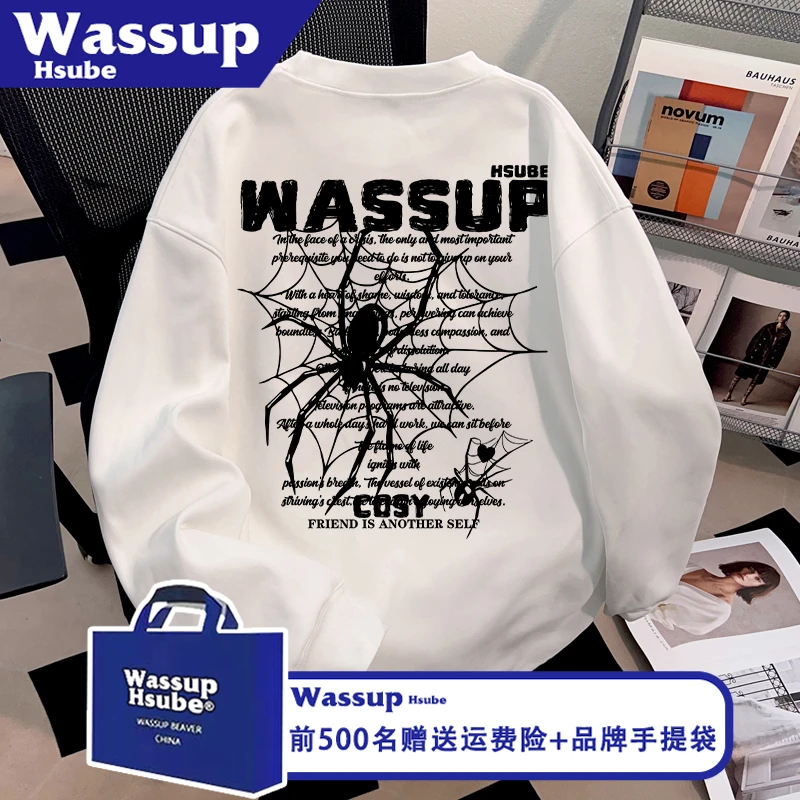 WASSUP潮酷蜘蛛印花男女同款上衣美式100%纯棉T恤ins秋冬白色长袖