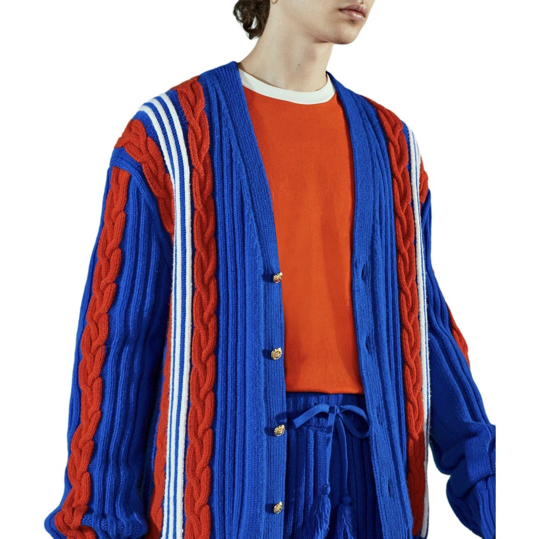 99新 GUCCI/古驰 7862/蓝色条纹粗绞花单排扣^_^针织衫毛衣外