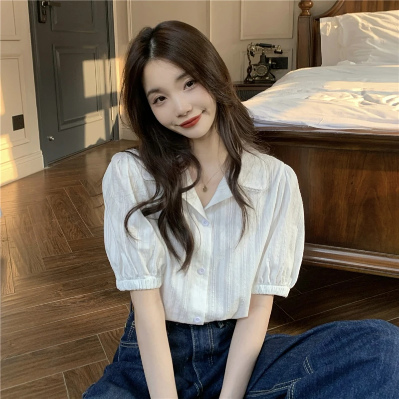 （棉）韩系温柔短袖衬衫女夏季新款设计感小众蕾丝花边宽松白色上衣