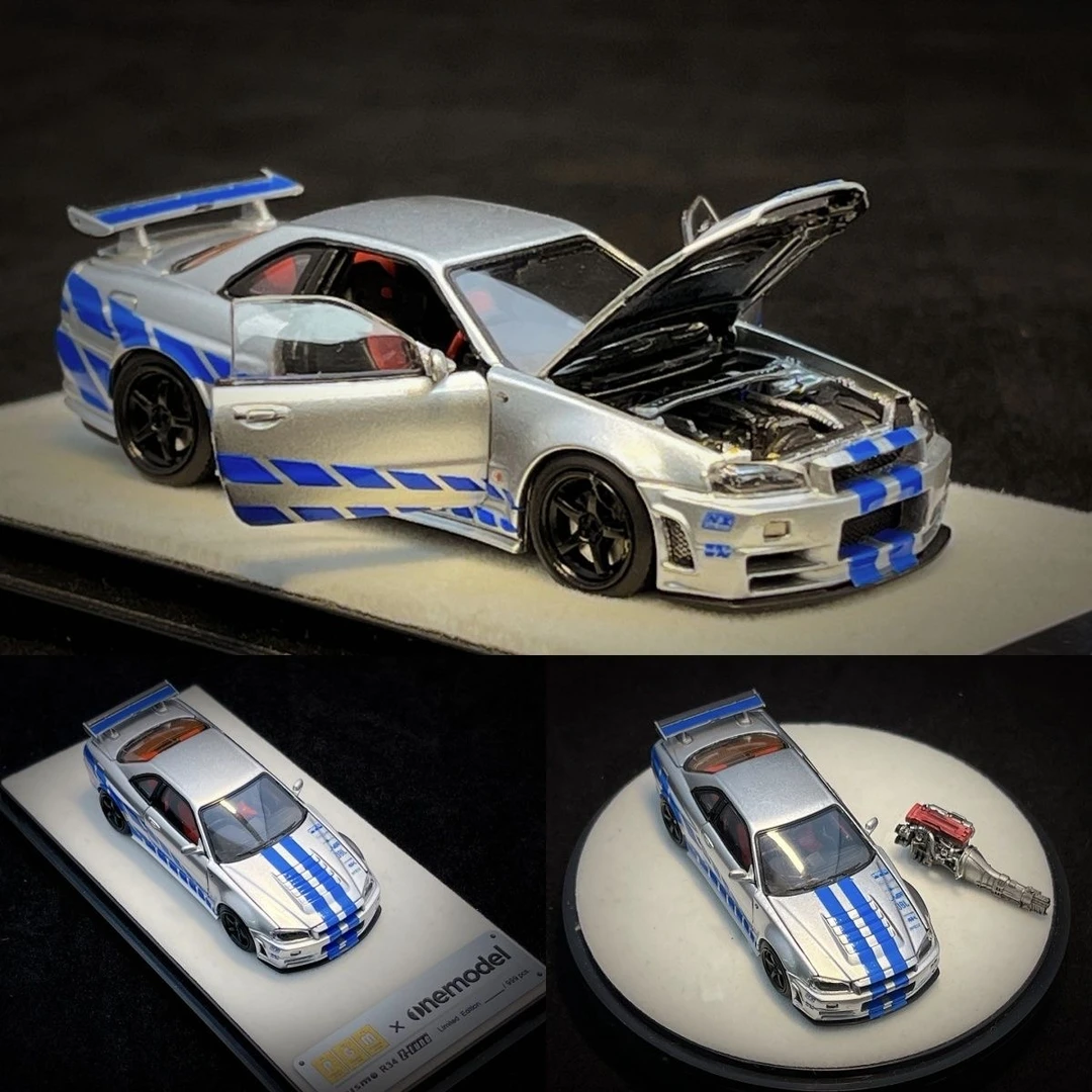 PGM 1:64 日产 GTR R34 Z-TUNE 银蓝 保罗沃克 合金全开 汽车模型