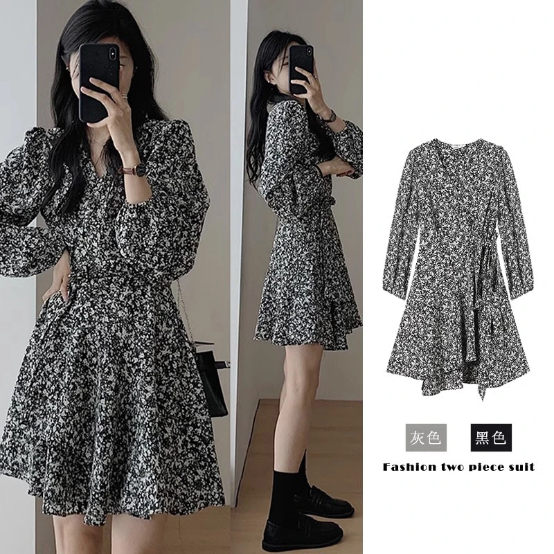 法式气质长袖碎花连衣裙子早秋季时尚新款女装显瘦短裙小个子穿搭