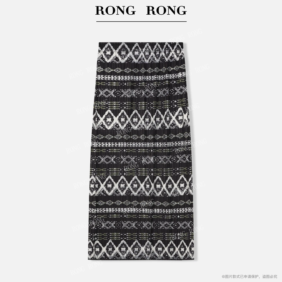 溶溶【悠闲时光】RONGRONG 显瘦遮肉艺术印花压褶三宅半身裙25756