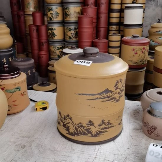 紫砂茶叶罐竹节八饼装刻绘款008