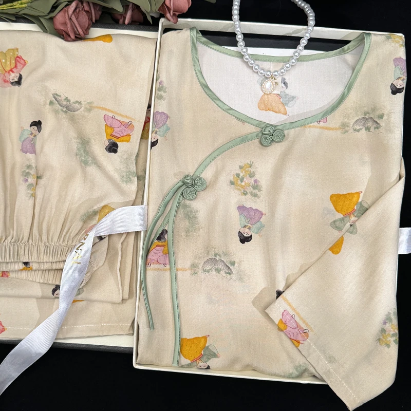 民国风盘扣睡衣女夏季中式国风绵绸薄款圆领棉绸复古家居服可外穿