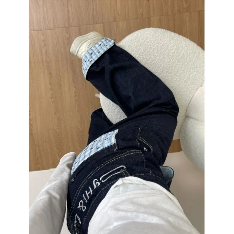 深蓝色蝴蝶拼接刺绣翻边辣妹小个子牛仔裤女百搭显瘦显高宽松裤子