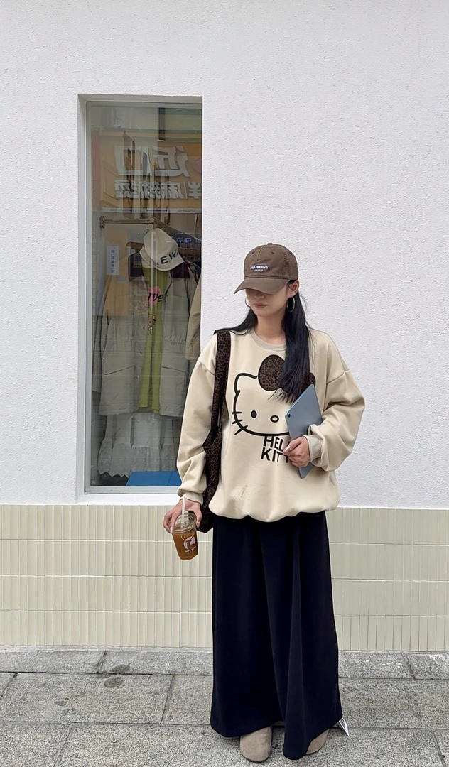 韩版宽松长袖慵懒风圆领Kitty加绒卫衣半身裙套装