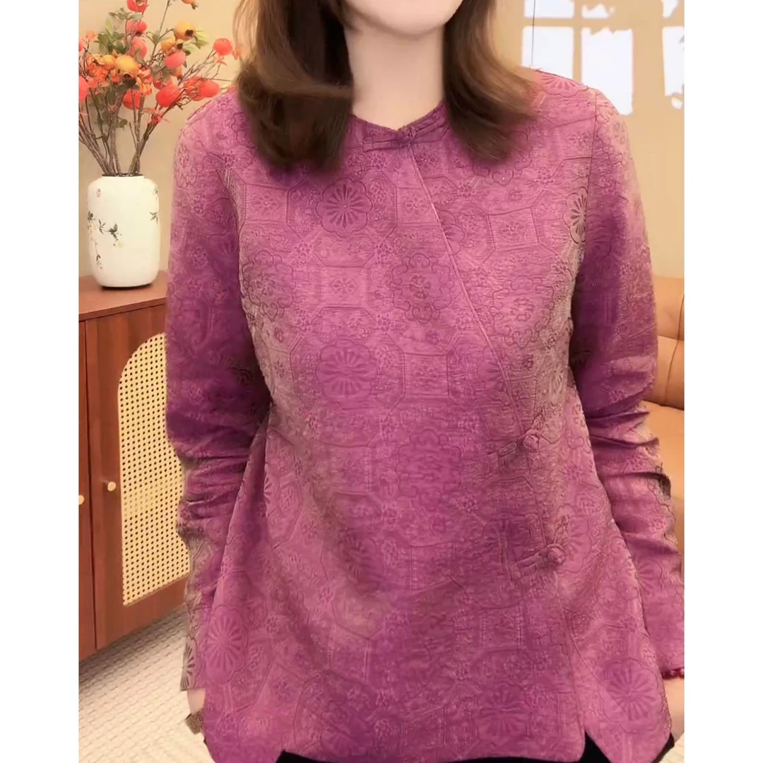 2025秋季新款新中式国风斜襟盘扣上衣小众设计感遮肉显瘦圆领衬衫