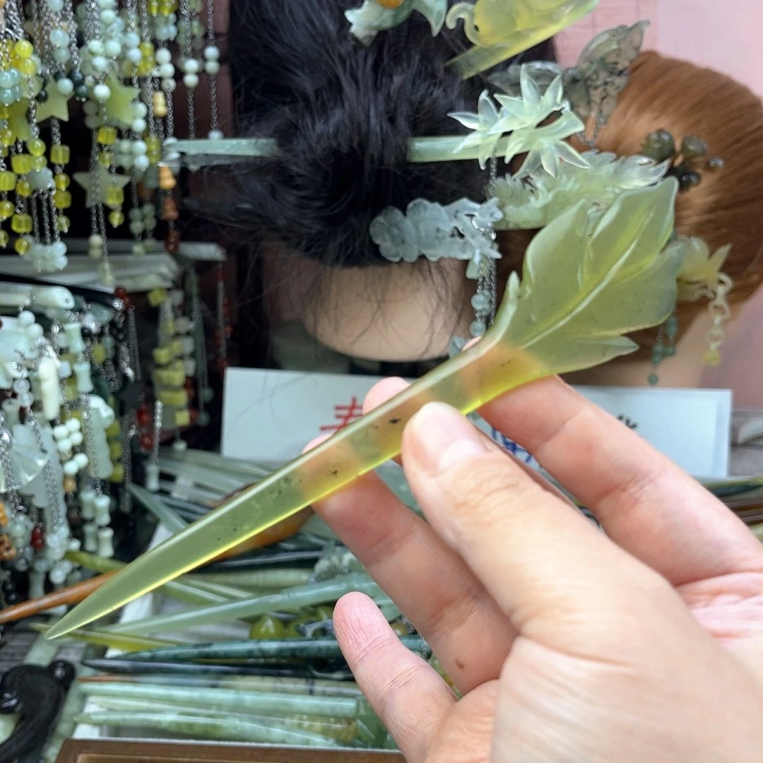 蛇纹石玉发饰未镶嵌长度16厘米左右